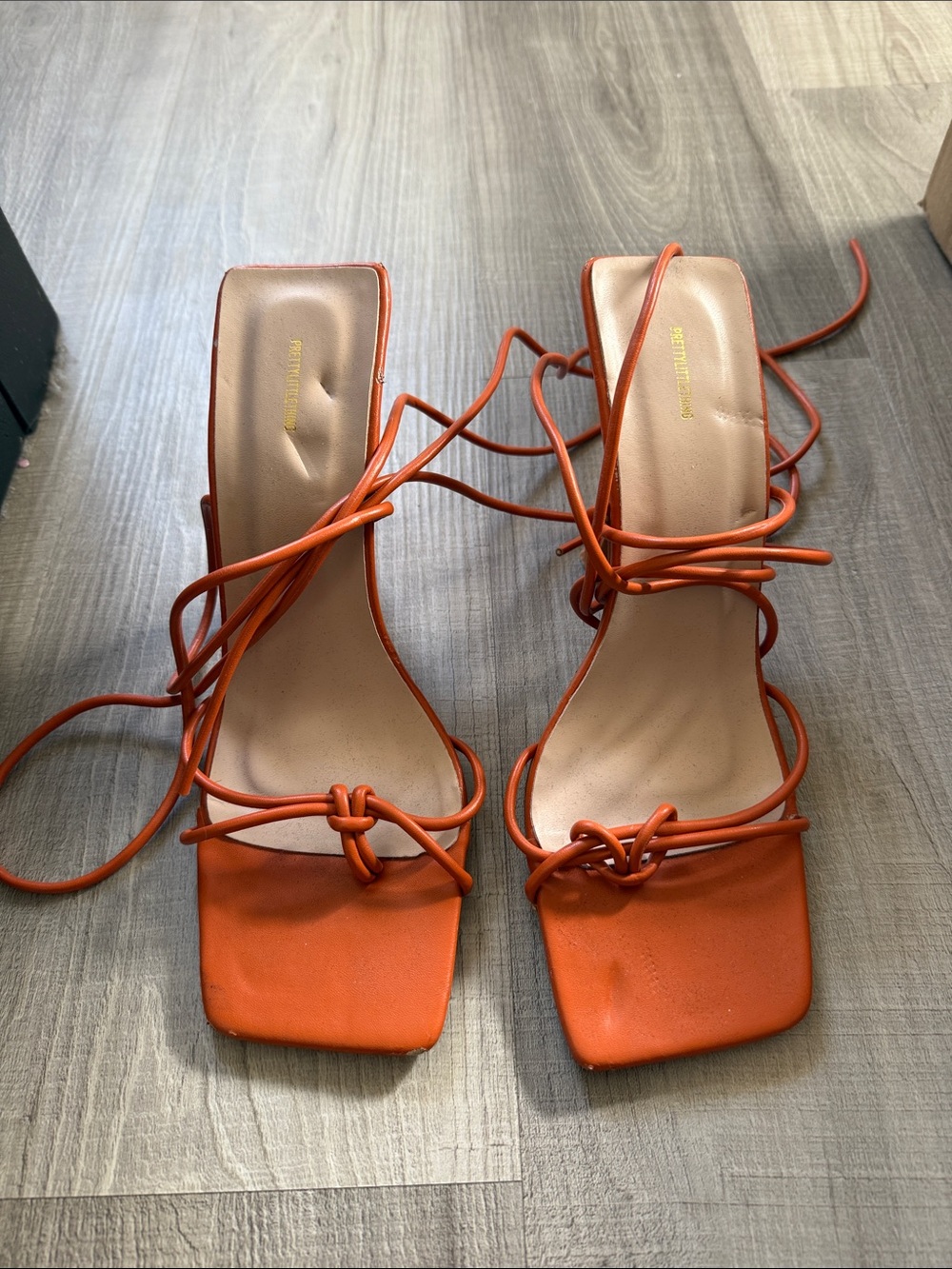 PrettyLittleThing Orange Lace-Up Square Toe Heels
